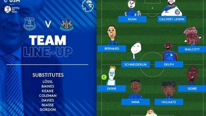 I disegni dei bimbi al posto della computer-grafica nella formazione line up dell'Everton vs Newcastle I disegni dei bimbi al posto della computer-grafica nella formazione line up dell'Everton vs Newcastle