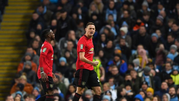 MANCHESTER, ENGLAND - JANUARY 29: Nemanja Matic of Manchester United celebrates after scoring his team's first goal during the Carabao Cup Semi Final match between Manchester City and Manchester United at Etihad Stadium on January 29, 2020 in Manchester, England. (Photo by Laurence Griffiths/Getty Images) MANCHESTER, ENGLAND - JANUARY 29: Nemanja Matic of Manchester United celebrates after scoring his team's first goal during the Carabao Cup Semi Final match between Manchester City and Manchester United at Etihad Stadium on January 29, 2020 in Manchester, England. (Photo by Laurence Griffiths/Getty Images)