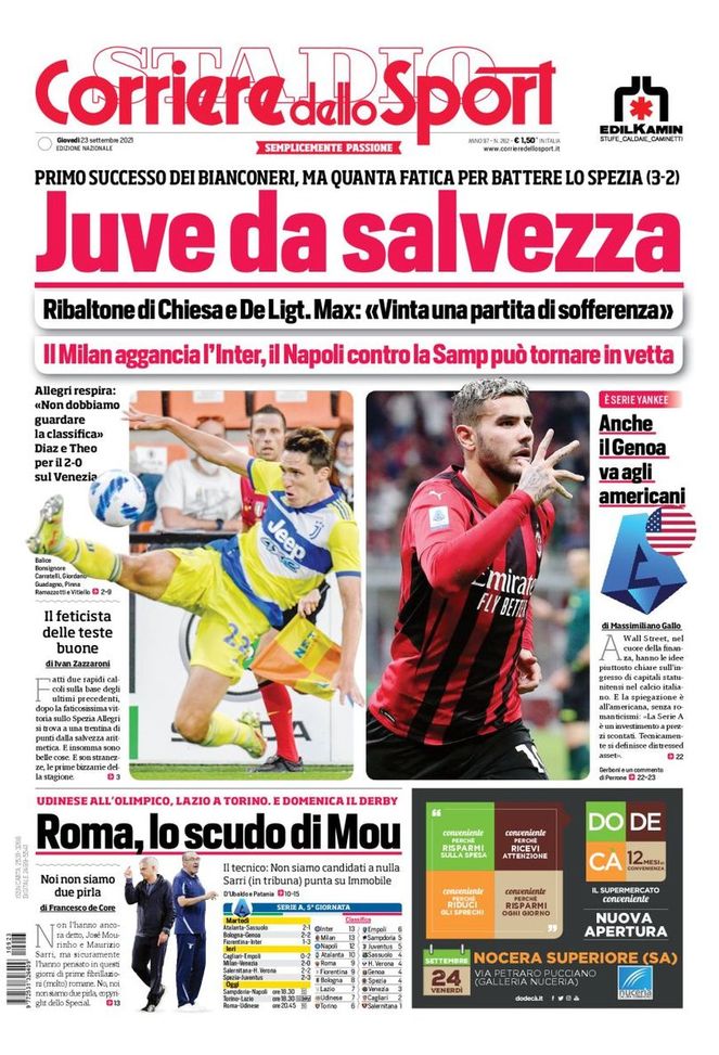 Prima Pagina, Corriere dello Sport: “Juve da salvezza. Roma, lo scudo di Mou” 