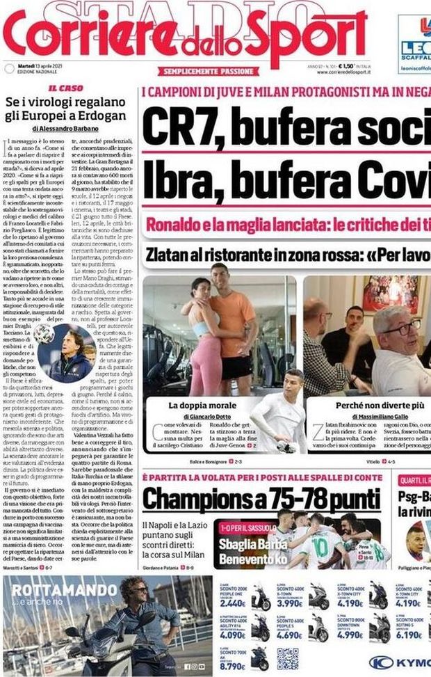 Prima Pagina, Corriere dello Sport: “CR7, bufera social! Ibra, bufera Covid. Champions a 75-78 punti. Psg-Bayern, la rivincita” 