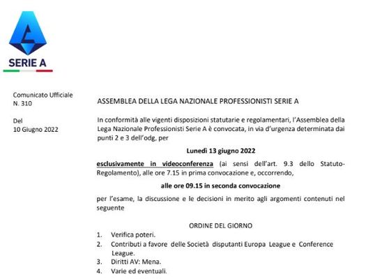 Serie A, assemblea il 13 giugno: contributi EL e Conference sul tavolo- immagine 2