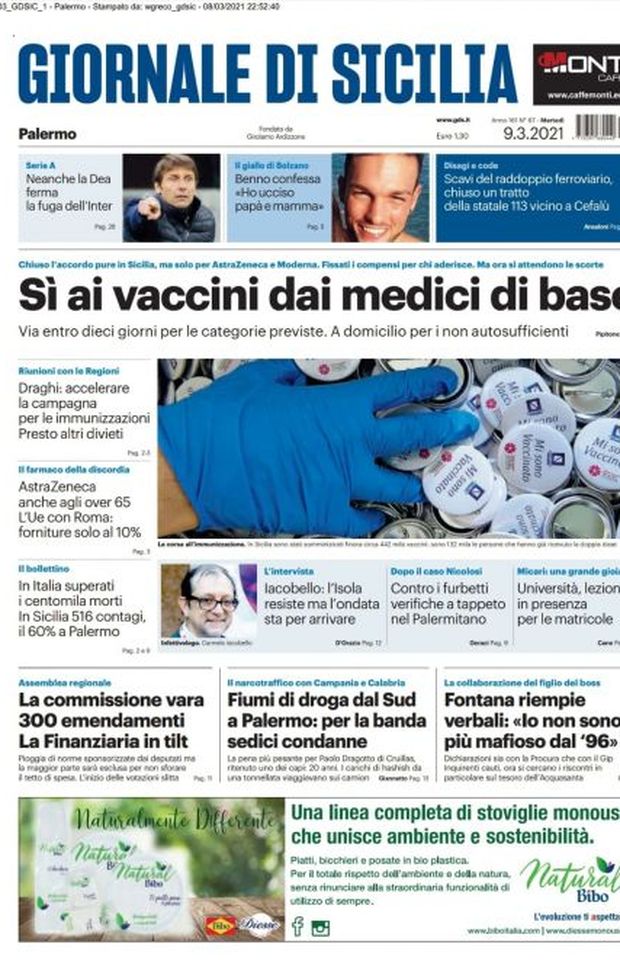 Prima Pagina, Giornale di Sicilia: “Sì ai vaccini dai medici di base. Neanche la Dea ferma la fuga dell’Inter” 