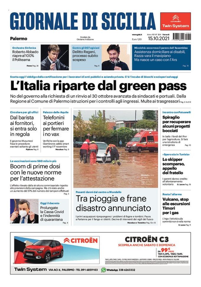 Prima Pagina, Giornale di Sicilia: “L’Italia riparte dal green pass” Prima Pagina