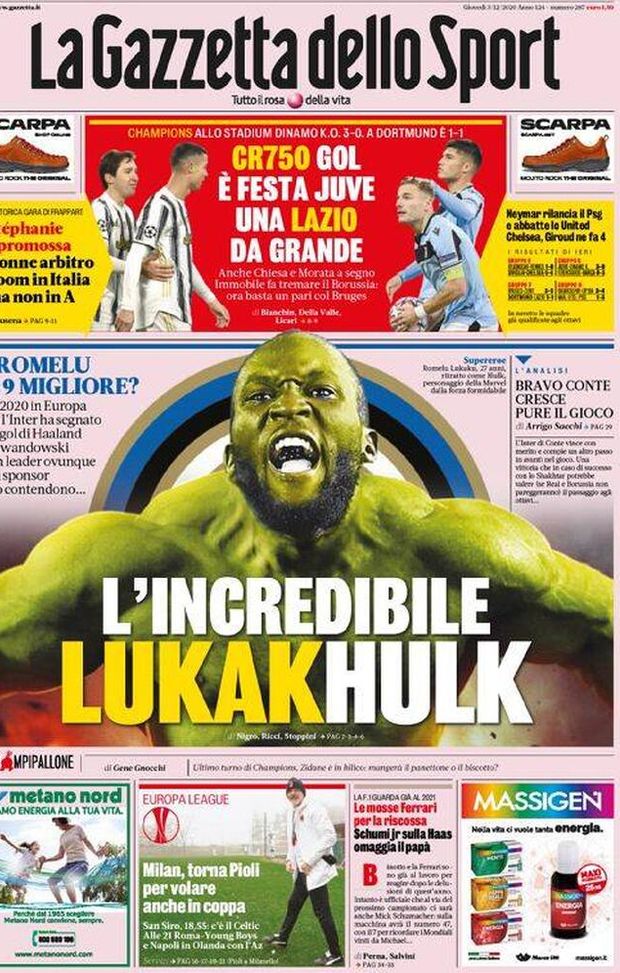 Prima de La Gazzetta dello Sport, in edicola oggi, 3 dicembre 2020 