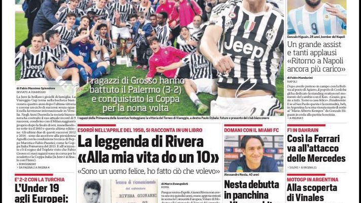 Prima Pagina, Corriere dello Sport: &#8220;Infinita Juve, vince anche il Viareggio. Battuto il Palermo&#8221; 
