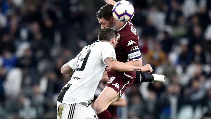 TURIN, ITALY - MAY 03:  Leonardo Bonucci of Juventus heads the ball with Andrea Belotti of Torino FC during the Serie A match between Juventus and Torino FC on May 3, 2019 in Turin, Italy.  (Photo by Giorgio Perottino - Juventus FC/Juventus FC via Getty Images) 