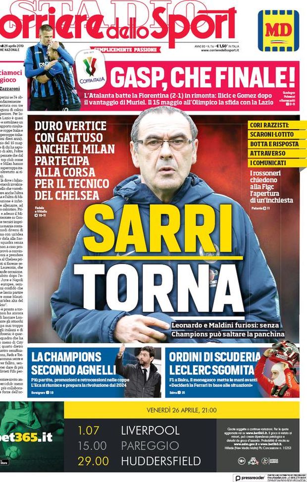Prima Pagina, Corriere dello Sport: “Sarri torna. Gasp, che finale! La Champions secondo Agnelli” Prima Pagina, Corriere dello Sport: “Sarri torna. Gasp, che finale! La Champions secondo Agnelli”