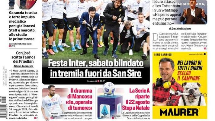 Prima Pagina, Corriere dello Sport: “Uragano Mou. Festa Inter, sabato blindato. Premier Champions” 