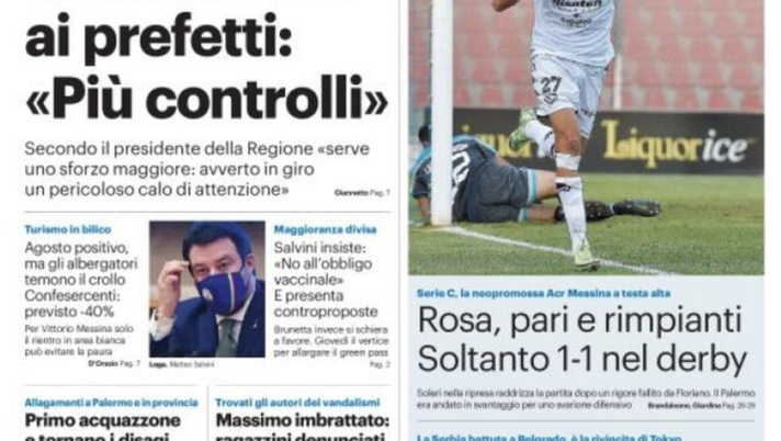 Prima Pagina, Giornale di Sicilia: “Palermo, pari e rimpianti. Solo 1-1 nel derby” Prima Pagina, Giornale di Sicilia: “Palermo, pari e rimpianti. Solo 1-1 nel derby”