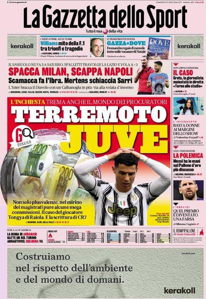 La Gazzetta dello Sport, la prima pagina di oggi, lunedì 29 novembre 2021