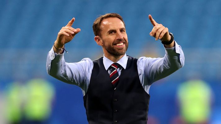 SAMARA, RUSSIA - JULY 07:  Gareth Southgate, Manager of England celebrates at the final whistle following victory during the 2018 FIFA World Cup Russia Quarter Final match between Sweden and England at Samara Arena on July 7, 2018 in Samara, Russia.  (Photo by Alex Morton/Getty Images) 