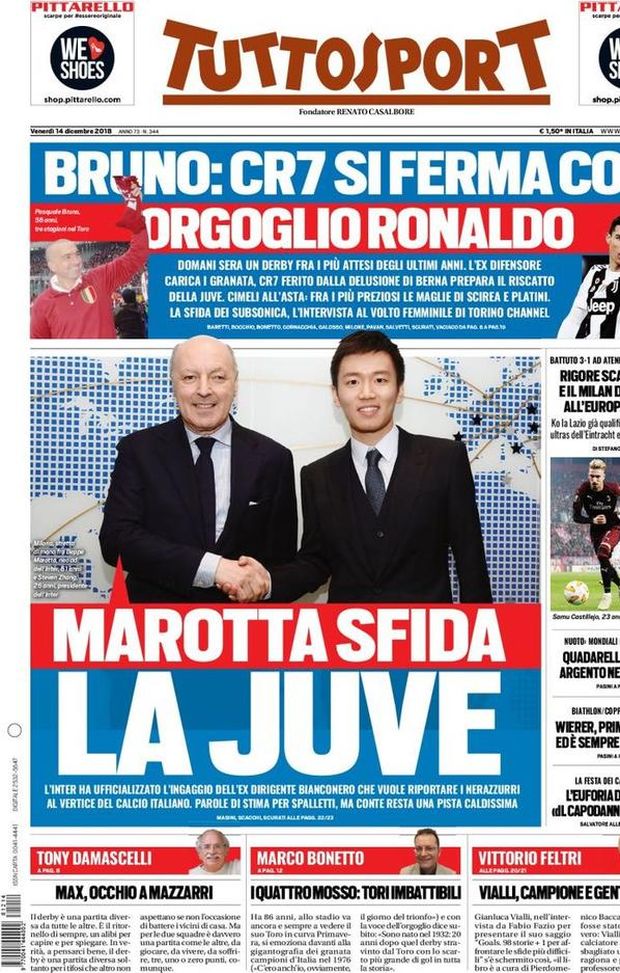 Prima Pagina, Tuttosport: “Marotta sfida la Juve. Orgoglio Ronaldo. Rigore scandaloso, il Milan…” Prima Pagina, Tuttosport: “Marotta sfida la Juve. Orgoglio Ronaldo. Rigore scandaloso, il Milan…”