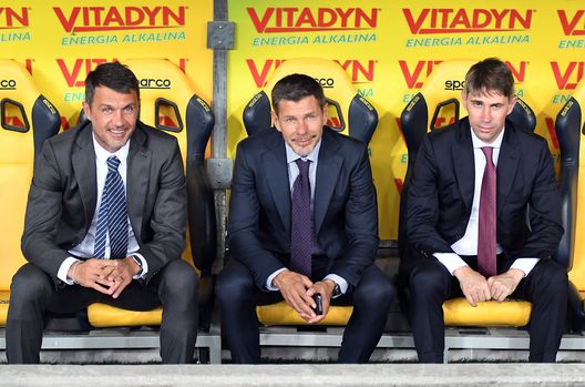 Paolo Maldini, Zvonimir Boban e Frederic Massara, dirigenti del Milan (credits: GETTY Images) Maldini Boban Massara Milan calciomercato