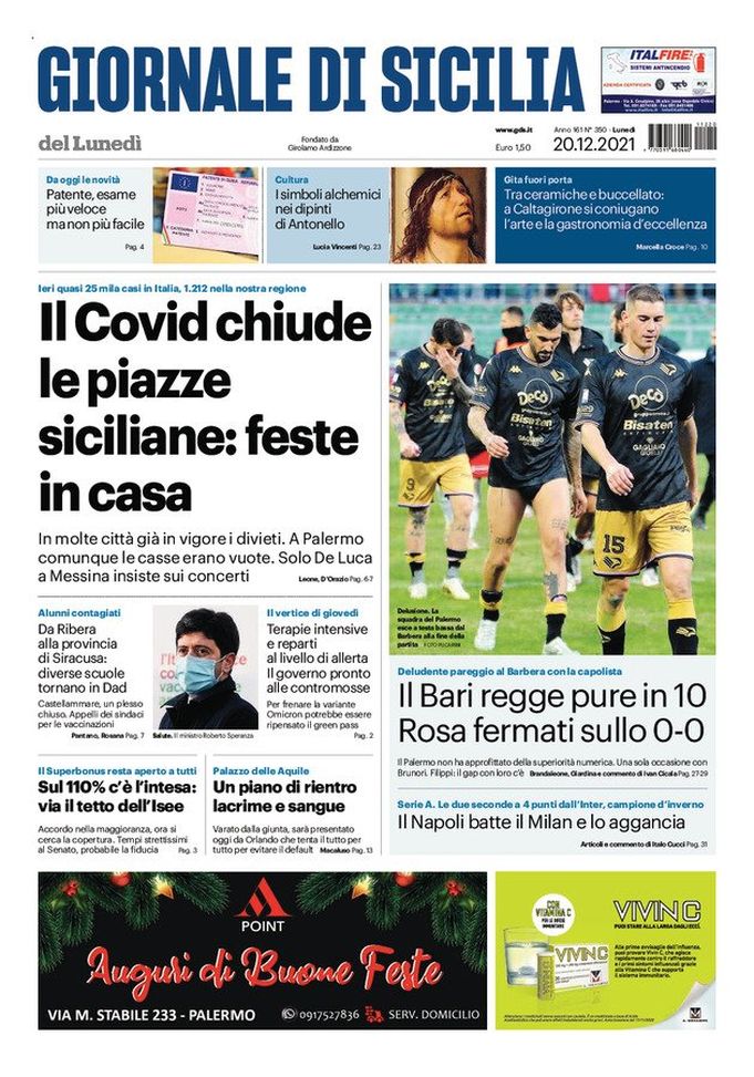 Prima Pagina, Giornale di Sicilia: “Il Bari regge pure in 10. Deludente pareggio” - immagine 1