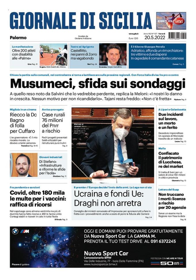 Prima Pagina, Giornale di Sicilia: “Musumeci, sfida sui sondaggi” - immagine 1