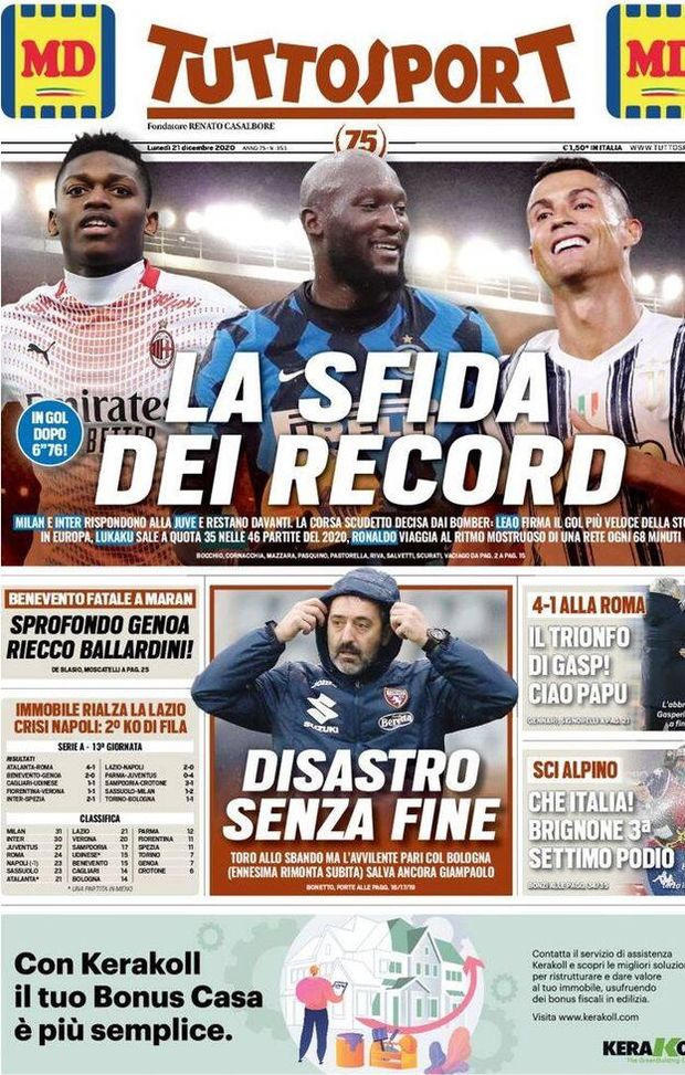 Tuttosport, la prima pagina di oggi, lunedì 21 dicembre 2020 