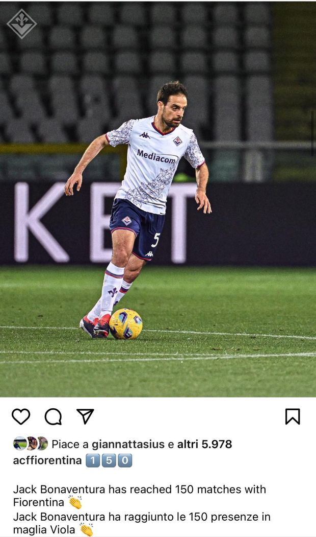 Bonaventura, sono 150 le presenze con la Fiorentina: il messaggio del club- immagine 2
