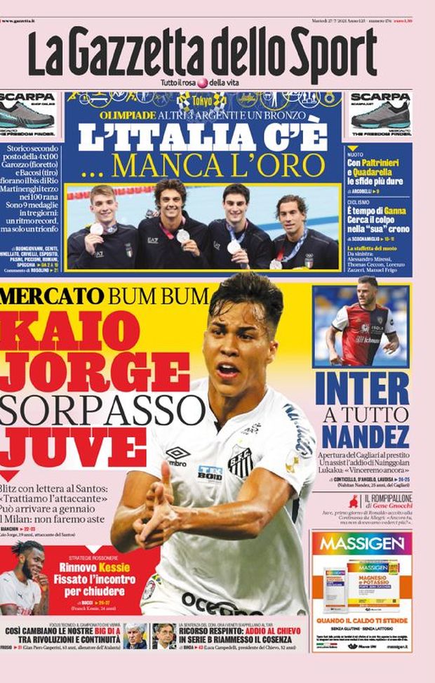 Prima Pagina, La Gazzetta dello Sport: “Kaio Jorge, sorpasso Juve” 