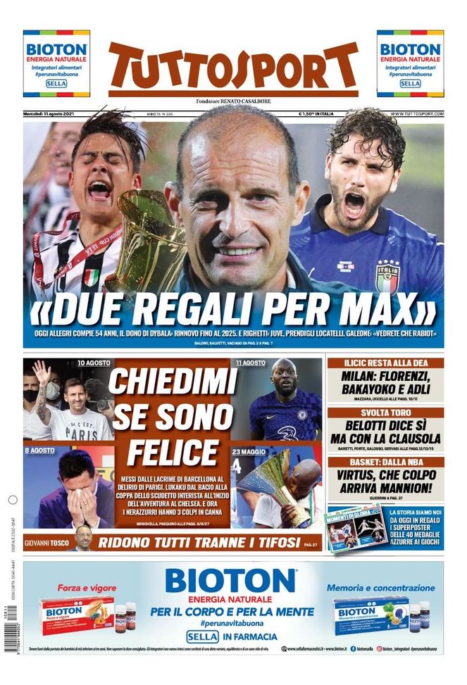Prima Pagina, Tuttosport: “Due regali per Max. Chiedimi se sono felice”  Prima Pagina, Tuttosport: “Due regali per Max. Chiedimi se sono felice”