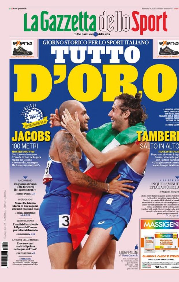 Prima Pagina, La Gazzetta dello Sport: “Tutto d’oro! Giorno storico per l’Italia” 
