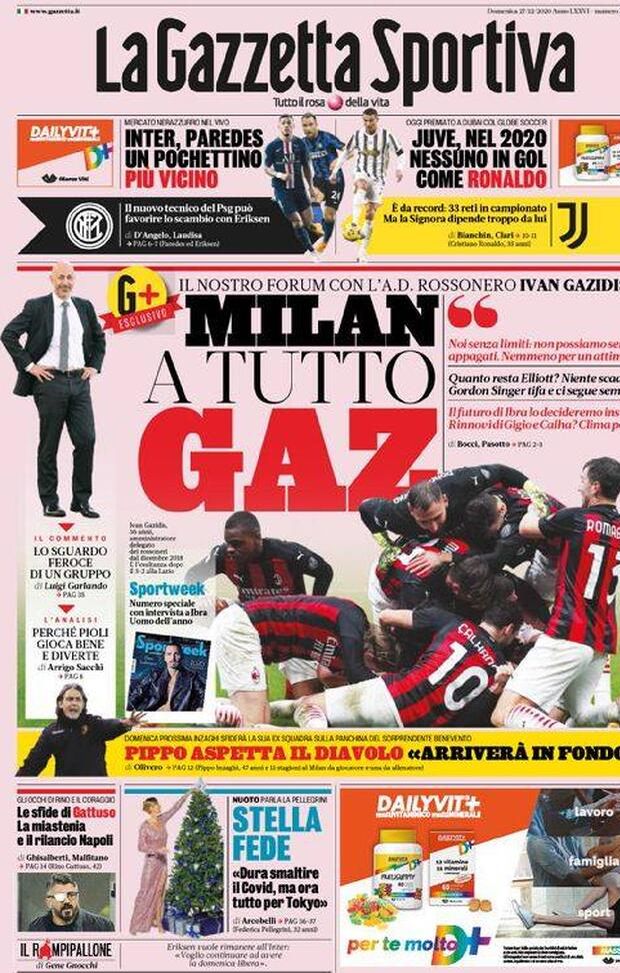  Gazzetta dello Sport, la prima pagina di oggi, domenica 27 dicembre 2020 