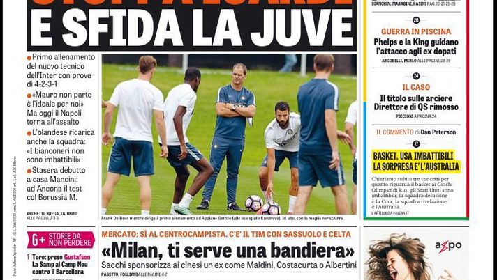Prima Pagina, La Gazzetta dello Sport: “De Boer stoppa Icardi, grana Napoli” 