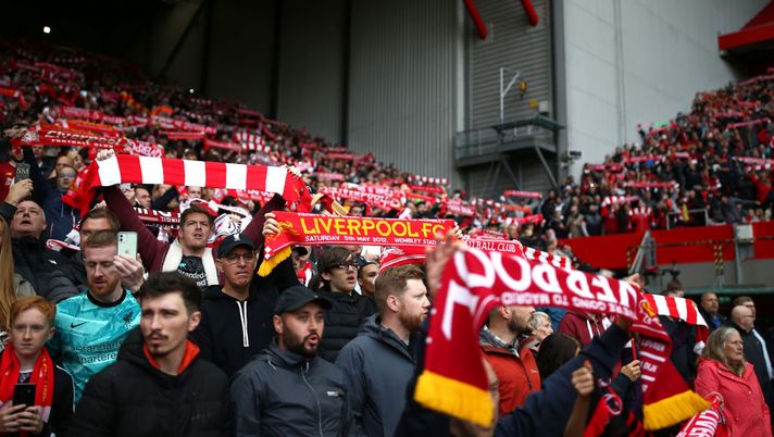 LIVERPOOL, ENGLAND - AUGUST 08: Supporters look on during the pre-season friendly match between Liverpool and Athletic Club at Anfield on August 08, 2021 in Liverpool, England. (Photo by Jan Kruger/Getty Images,) 