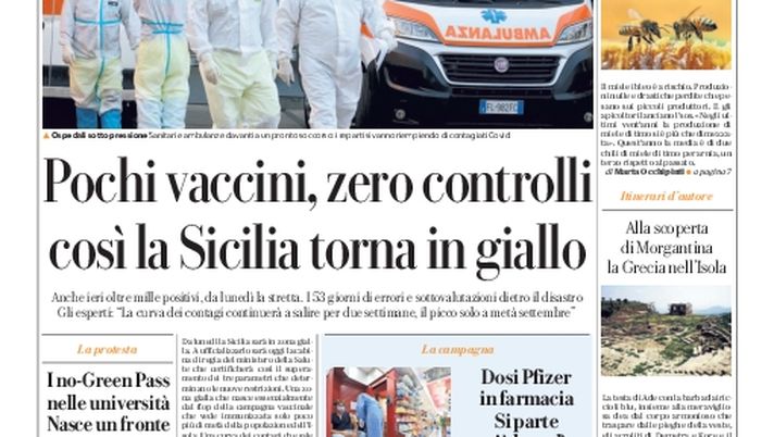 Prima Pagina, La Repubblica-Palermo: “Pochi vaccini, zero controlli. Impennata Covid”  Prima Pagina, La Repubblica-Palermo: “Pochi vaccini, zero controlli. Impennata Covid”