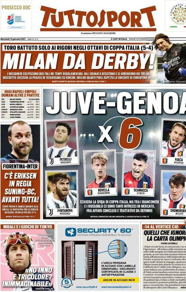 Tuttosport, la prima pagina di oggi, mercoledì 13 gennaio 2021 Tuttosport, la prima pagina di oggi, mercoledì 13 gennaio 2021