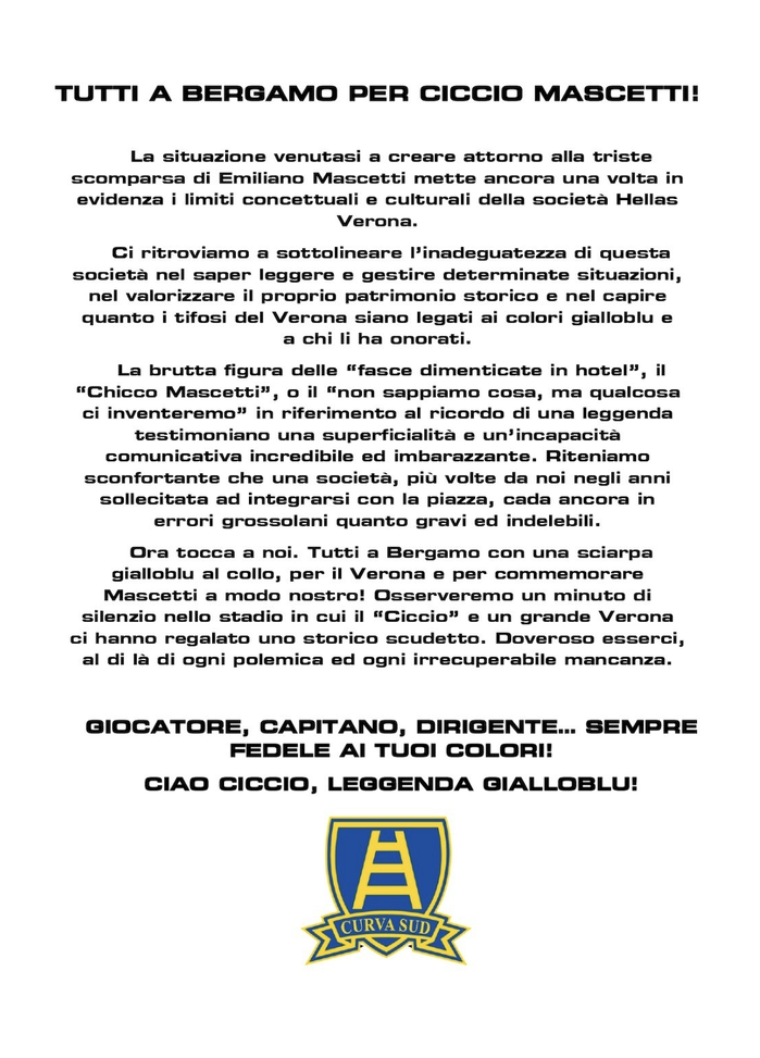 La Curva Sud e Mascetti: “Lo ricorderemo a Bergamo. Società imbarazzante” - immagine 1