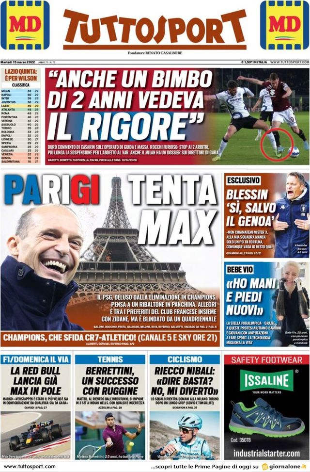 Tuttosport, la prima pagina di oggi, martedì 15 marzo 2022 Tuttosport