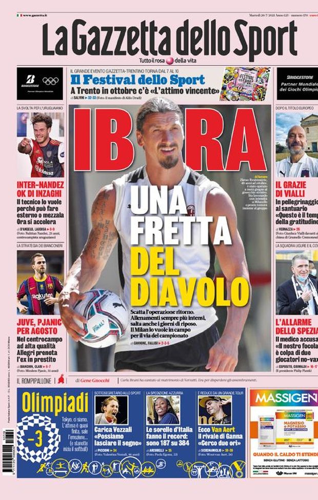 Prima Pagina, La Gazzetta dello Sport: “ Ibra, una fretta del Diavolo. Juve, Pjanic per agosto“ Prima Pagina, La Gazzetta dello Sport: “ Ibra, una fretta del Diavolo. Juve, Pjanic per agosto“