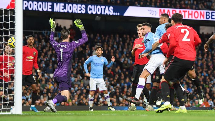 MANCHESTER, ENGLAND - DECEMBER 07: Nicolas Otamendi of Manchester City scores to make it 2-1 during the Premier League match between Manchester City and Manchester United at Etihad Stadium on December 07, 2019 in Manchester, United Kingdom. (Photo by Michael Regan/Getty Images) MANCHESTER, ENGLAND - DECEMBER 07: Nicolas Otamendi of Manchester City scores to make it 2-1 during the Premier League match between Manchester City and Manchester United at Etihad Stadium on December 07, 2019 in Manchester, United Kingdom. (Photo by Michael Regan/Getty Images)