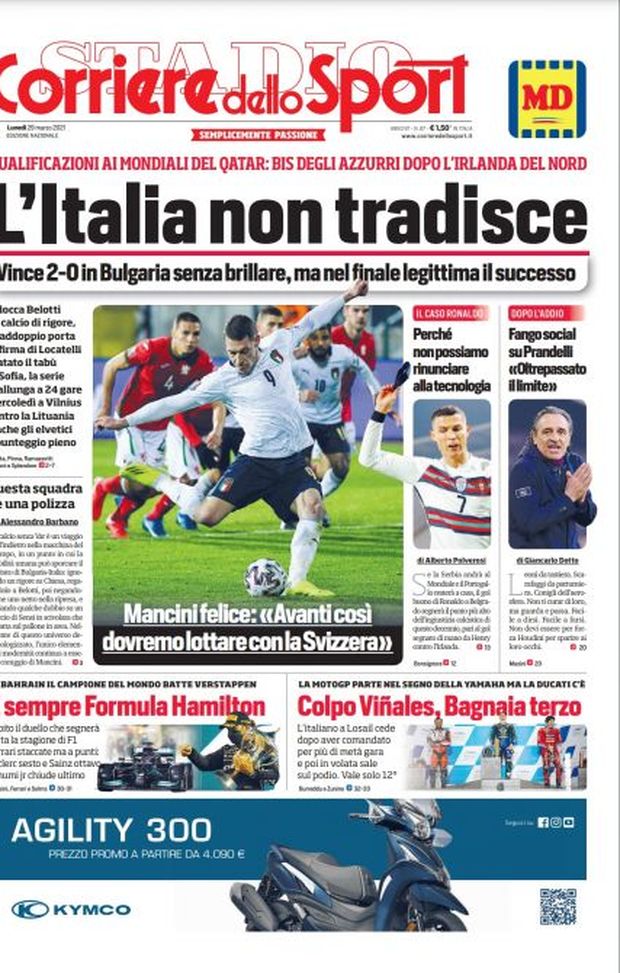 Prima Pagina, Corriere dello Sport: “L’Italia non tradisce. Vince 2-0 in Bulgaria senza brillare” Prima Pagina, Corriere dello Sport: “L’Italia non tradisce. Vince 2-0 in Bulgaria senza brillare”