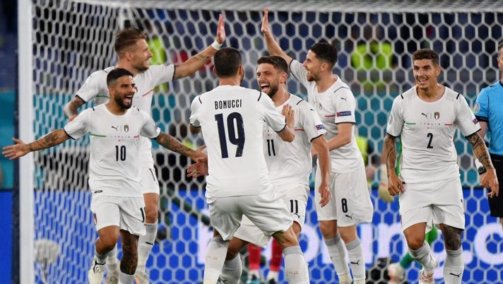 ROME, ITALY - JUNE 11: (L - R) Lorenzo Insigne, Domenico Berardi and Giovanni Di Lorenzo of Italy celebrate after their side's first goal, an own goal scored by Merih Demiral (Not pictured) of Turkey during the UEFA Euro 2020 Championship Group A match between Turkey and Italy at the Stadio Olimpico on June 11, 2021 in Rome, Italy. (Photo by Filippo Monteforte - Pool/Getty Images) ROME, ITALY - JUNE 11: (L - R) Lorenzo Insigne, Domenico Berardi and Giovanni Di Lorenzo of Italy celebrate after their side's first goal, an own goal scored by Merih Demiral (Not pictured) of Turkey during the UEFA Euro 2020 Championship Group A match between Turkey and Italy at the Stadio Olimpico on June 11, 2021 in Rome, Italy. (Photo by Filippo Monteforte - Pool/Getty Images)