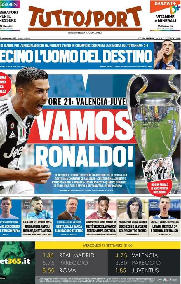 Prima Pagina, Tuttosport: “Vamos Ronaldo! Vecino l’uomo del destino. Un gran bel Napoli, Insigne…” Prima Pagina, Tuttosport: “Vamos Ronaldo! Vecino l’uomo del destino. Un gran bel Napoli, Insigne…”