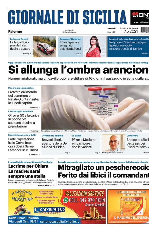 Prima Pagina, Giornale di Sicilia: “Si allunga l’ombra arancione, gli over 50 alla carica” Prima Pagina, Giornale di Sicilia: “Si allunga l’ombra arancione, gli over 50 alla carica”