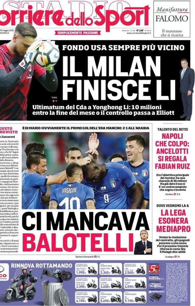 Prima Pagina, Corriere dello Sport: “Ci mancava Balotelli. Il Milan finisce Li. Napoli, che colpo. La Lega esonera Mediapro…” Prima Pagina, Corriere dello Sport: “Ci mancava Balotelli. Il Milan finisce Li. Napoli, che colpo. La Lega esonera Mediapro…”