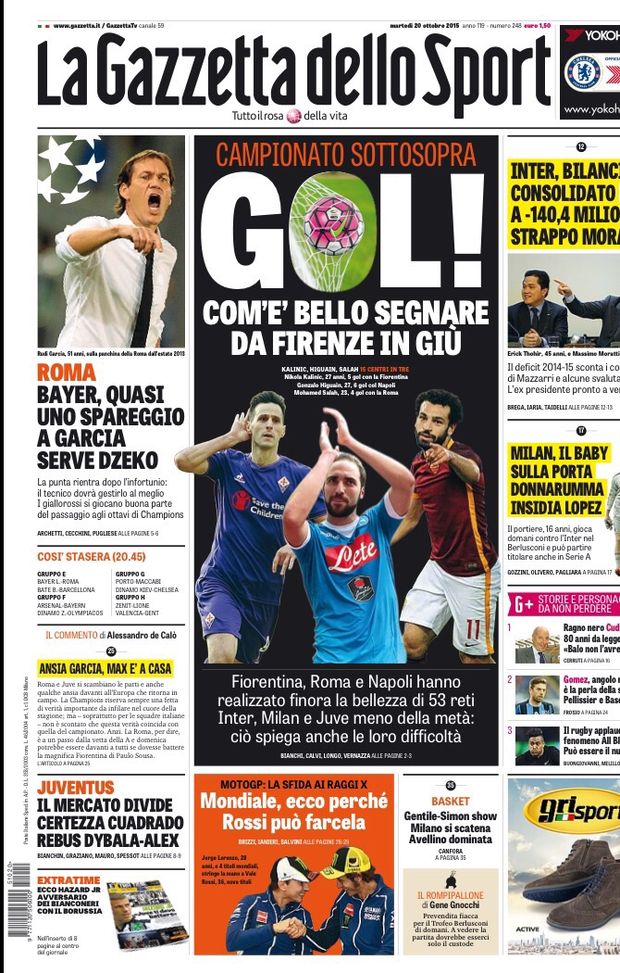 Prima Pagina, La Gazzetta dello Sport: &#8220;Gol! Com&#8217;è bello segnare da Firenze in giù. Roma-Bayer, quasi uno spareggio. Mercato Juve divide, rebus Dybala&#8221; 