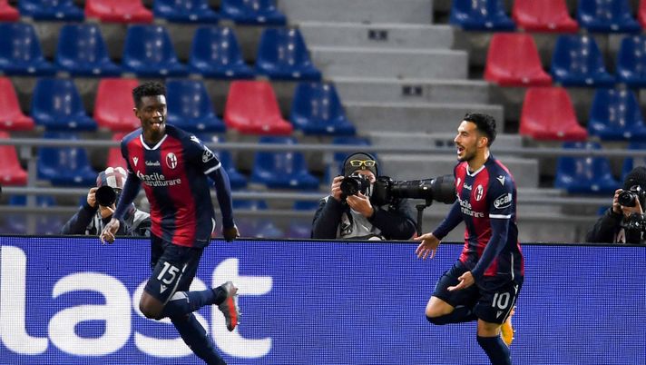 Ibrahima Mbaye (Bologna)Nicola Sansone (Bologna)          ; 
February 27; 2021 - Football : Italian championship 2020 2021  ; 24°Day ; match between Bologna 2-0 Lazio  at  Renato Dall Ara Stadium  ; Bologna, Italy;         ;( photo by aicfoto)(ITALY) [0855] 