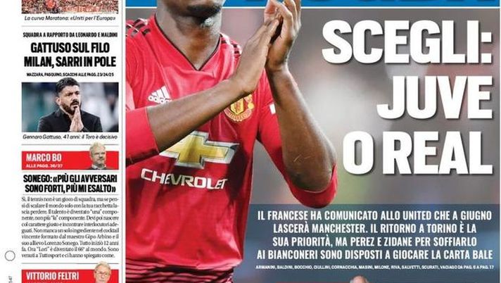 Prima Pagina, Tuttosport: &#8220;Pogba, scegli: Juve o Real. Dea da impazzire! Gattuso sul filo&#8221; 