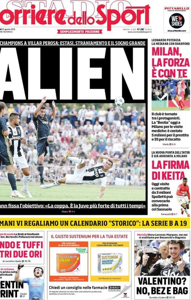 Prima Pagina, Corriere dello Sport: “Alien. Elkann: ‘La Juve più forte di tutti i tempi’. Milan, la forza è con te. La firma di Keita…” Prima Pagina, Corriere dello Sport: “Alien. Elkann: ‘La Juve più forte di tutti i tempi’. Milan, la forza è con te. La firma di Keita…”