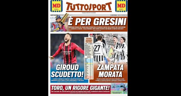 Prima Pagina, Tuttosport: “Giroud Scudetto! Zampata Morata” Prima Pagina