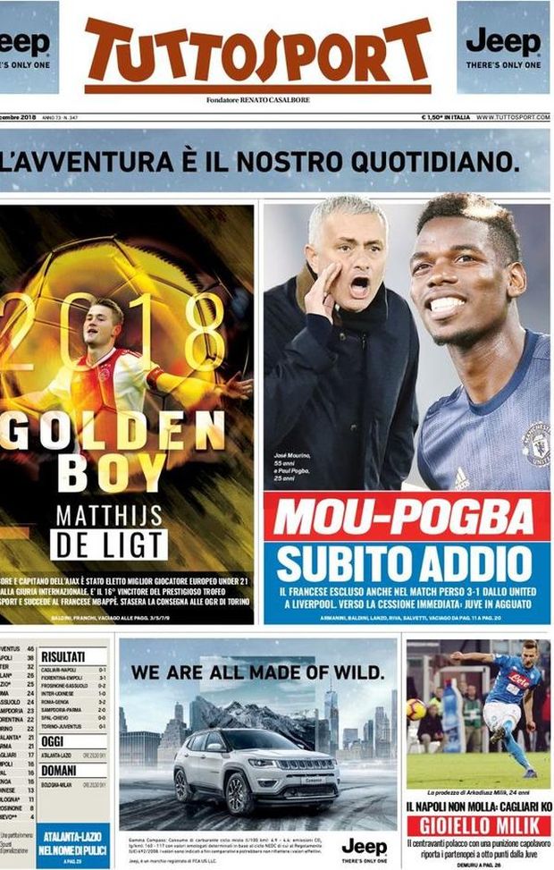 Prima Pagina, Tuttosport: “Mou-Pogba, subito addio. Golden Boy: Matthijs De Ligt. Gioiello Milik…” Prima Pagina, Tuttosport: “Mou-Pogba, subito addio. Golden Boy: Matthijs De Ligt. Gioiello Milik…”