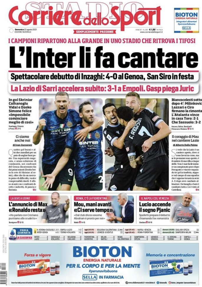 Prima Pagina, Corriere dello Sport: “L’Inter li fa cantare. Mou mani avanti”  Prima Pagina, Corriere dello Sport: “L’Inter li fa cantare. Mou mani avanti”
