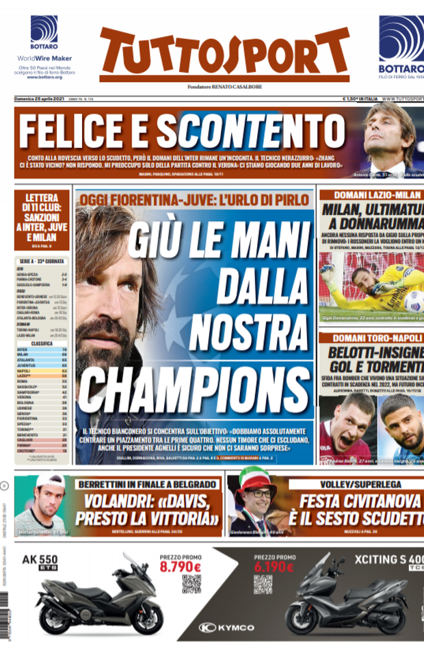 Prima Pagina, Tuttosport: “Giù le mani dalla nostra Champions. Felice e scontento. Ultimatum Donnarumma” 