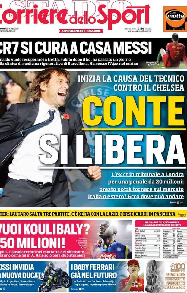 Prima Pagina, Corriere dello Sport: “Conte si libera. CR7 si cura a casa Messi. Vuoi Koulibaly? 150 milioni” Prima Pagina, Corriere dello Sport: “Conte si libera. CR7 si cura a casa Messi. Vuoi Koulibaly? 150 milioni”
