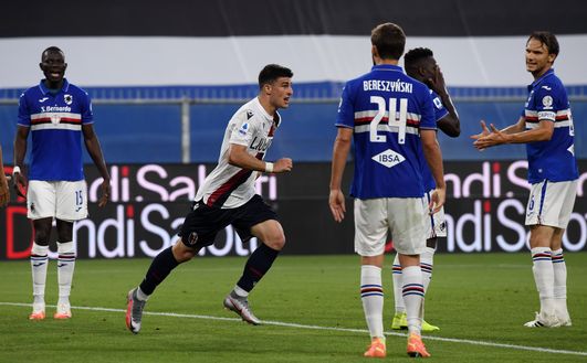 GENOA, ITALY - JUNE 28: Riccardo Orsolini of Bologna FC celebrates goal during the Serie A match between UC Sampdoria and Bologna FC at Stadio Luigi Ferraris on June 28, 2020 in Genoa, Italy. (Photo by Chris Ricco/Getty Images) GENOA, ITALY - JUNE 28: Riccardo Orsolini of Bologna FC celebrates goal during the Serie A match between UC Sampdoria and Bologna FC at Stadio Luigi Ferraris on June 28, 2020 in Genoa, Italy. (Photo by Chris Ricco/Getty Images)