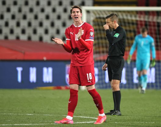 BELGRADE, SERBIA - MARCH 24: Dusan Vlahovic of Serbia reacts during the FIFA World Cup 2022 Qatar qualifying match between Serbia and Republic of Ireland on March 24, 2021 in Belgrade, Serbia. Sporting stadiums around Serbia remain under strict restrictions due to the Coronavirus Pandemic as Government social distancing laws prohibit fans inside venues resulting in games being played behind closed doors. (Photo by Srdjan Stevanovic/Getty Images)