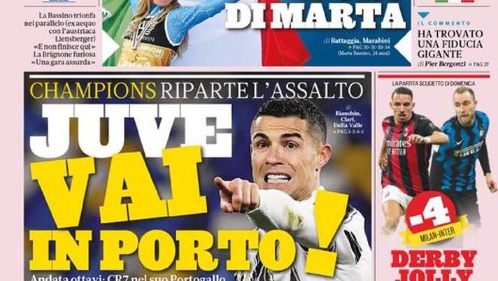 La Gazzetta dello Sport, la prima pagina di oggi, mercoledì 17 febbraio 2021 